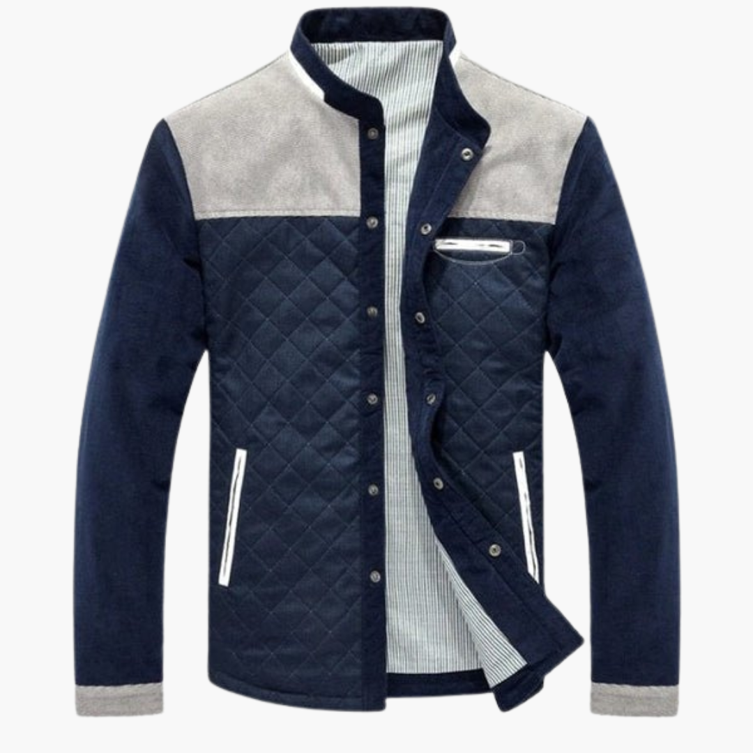 Men's quilted jacket with stand-up collar, snap button closure, diamond texture, modern outdoor style