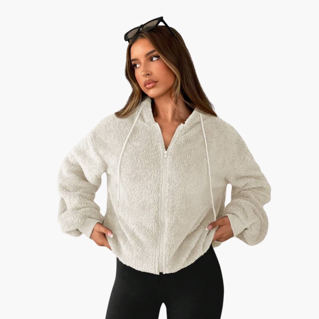 Women's fleece hooded jacket full zip navy blue relaxed fit kangaroo pocket cozy outdoor wear