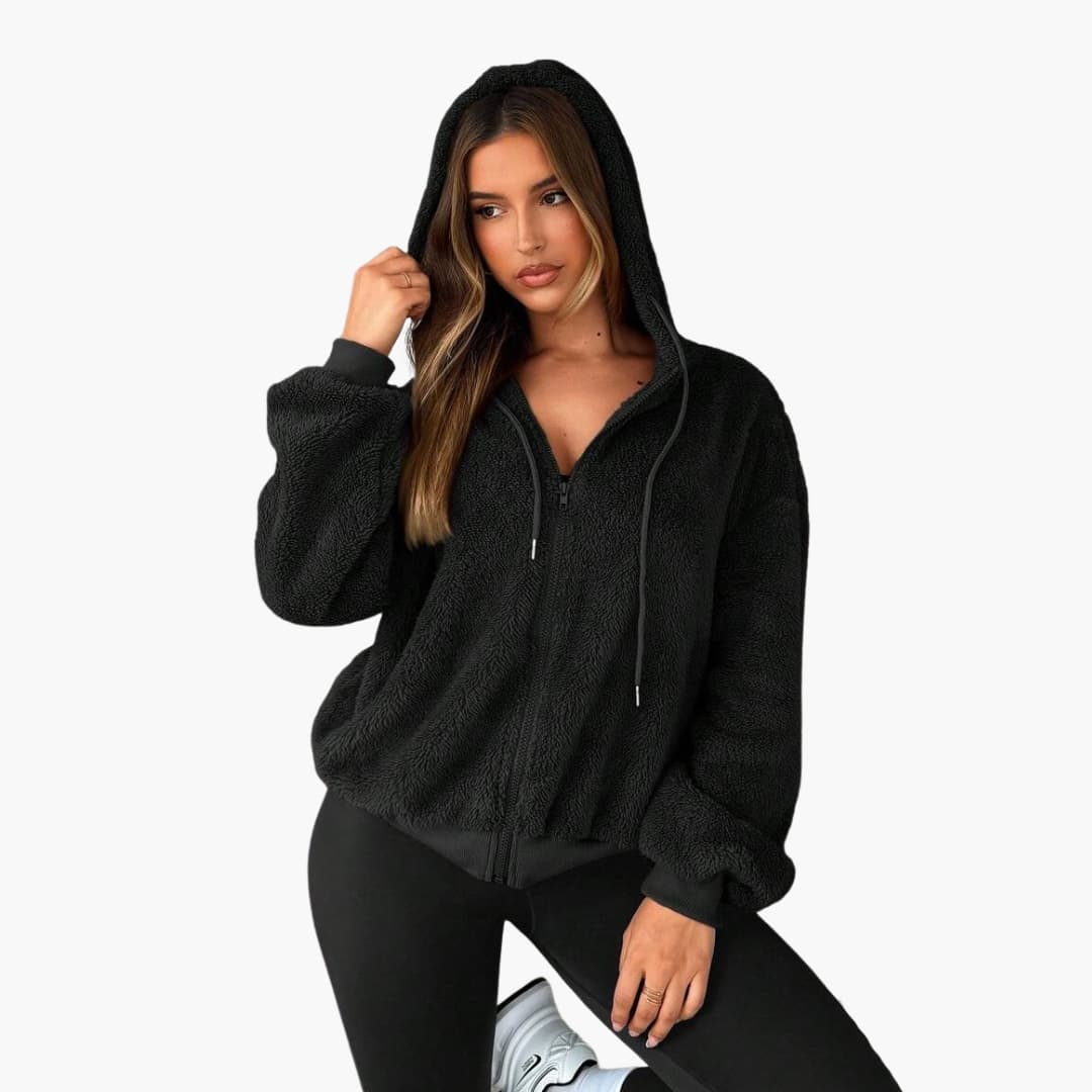 Women's fleece hooded jacket full zip kangaroo pocket cozy casual outdoor wear