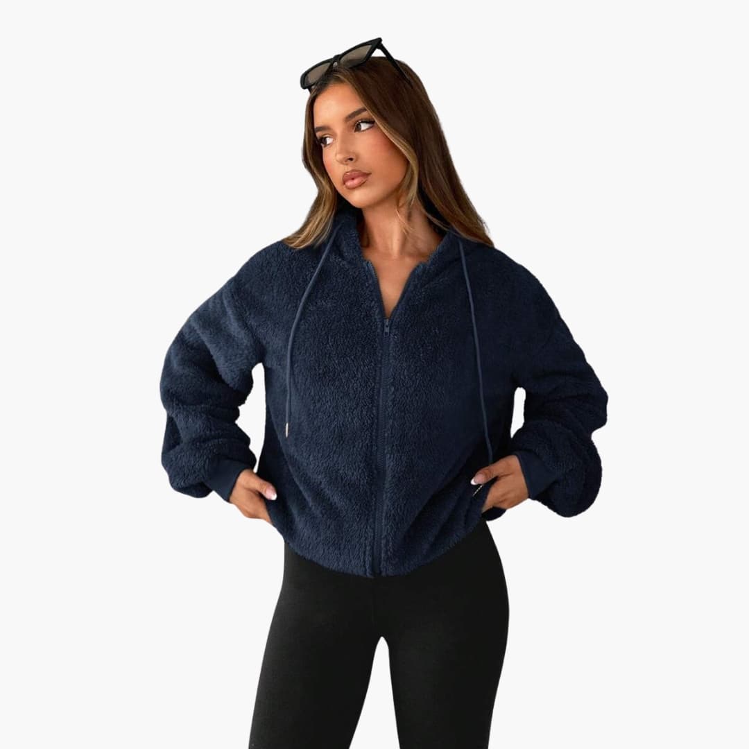 Women's gray fleece hooded jacket full-zip kangaroo pocket cozy casual outdoor fit