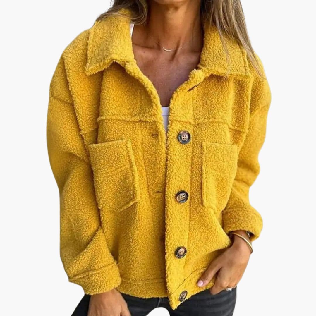 Women's fleece jacket with patch pockets, button closure, shirt-style collar, cozy warm casual layer