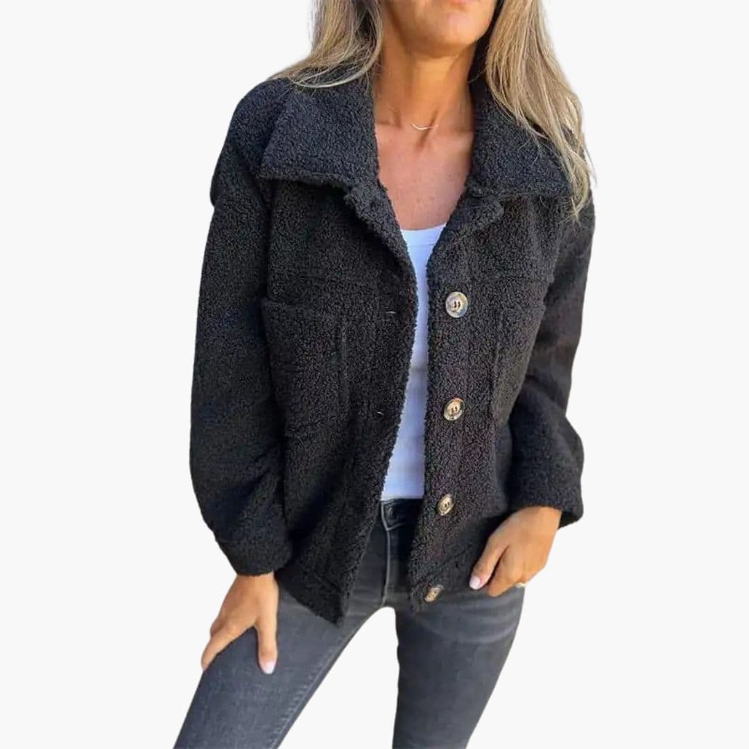 Women's beige fleece jacket shirt-style collar patch pockets button closure cozy warm casual layer