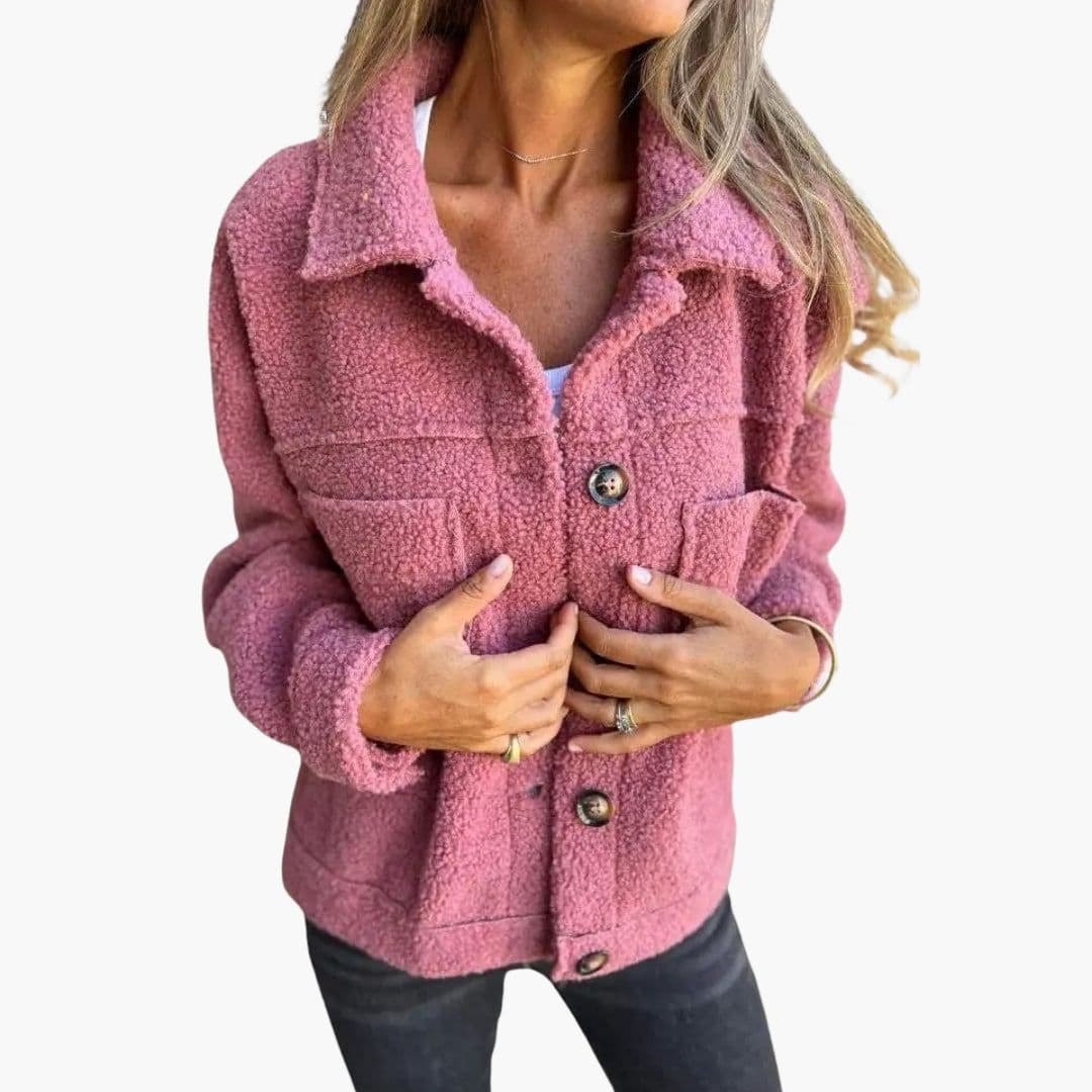 Women's fleece jacket with patch pockets, button closure, shirt-style collar, cozy warm casual fit