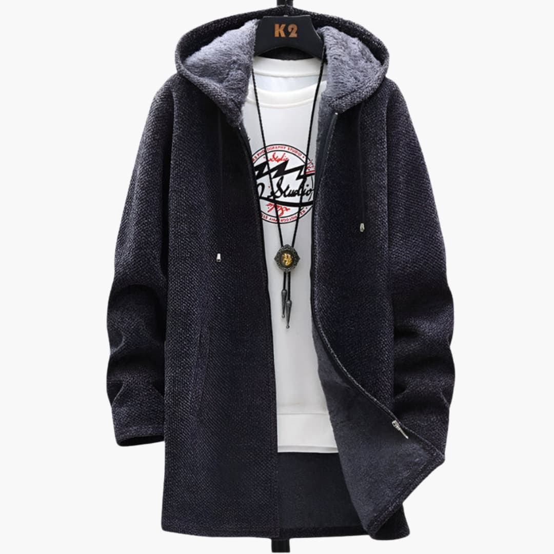 Men's hooded fleece jacket with front zipper, relaxed fit, textured surface for outdoor layering