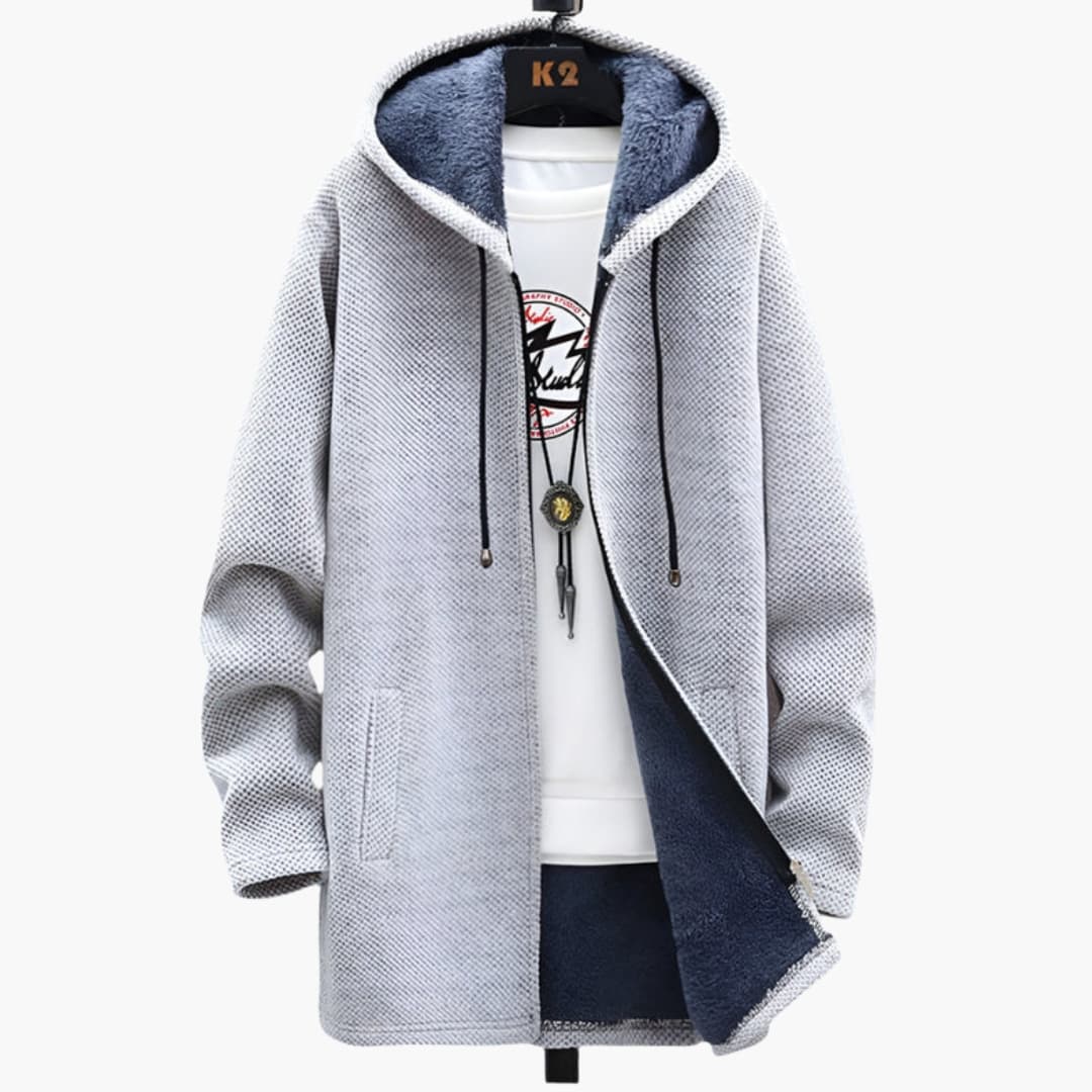 Men's hooded fleece jacket with front zipper, textured relaxed fit for outdoor layering