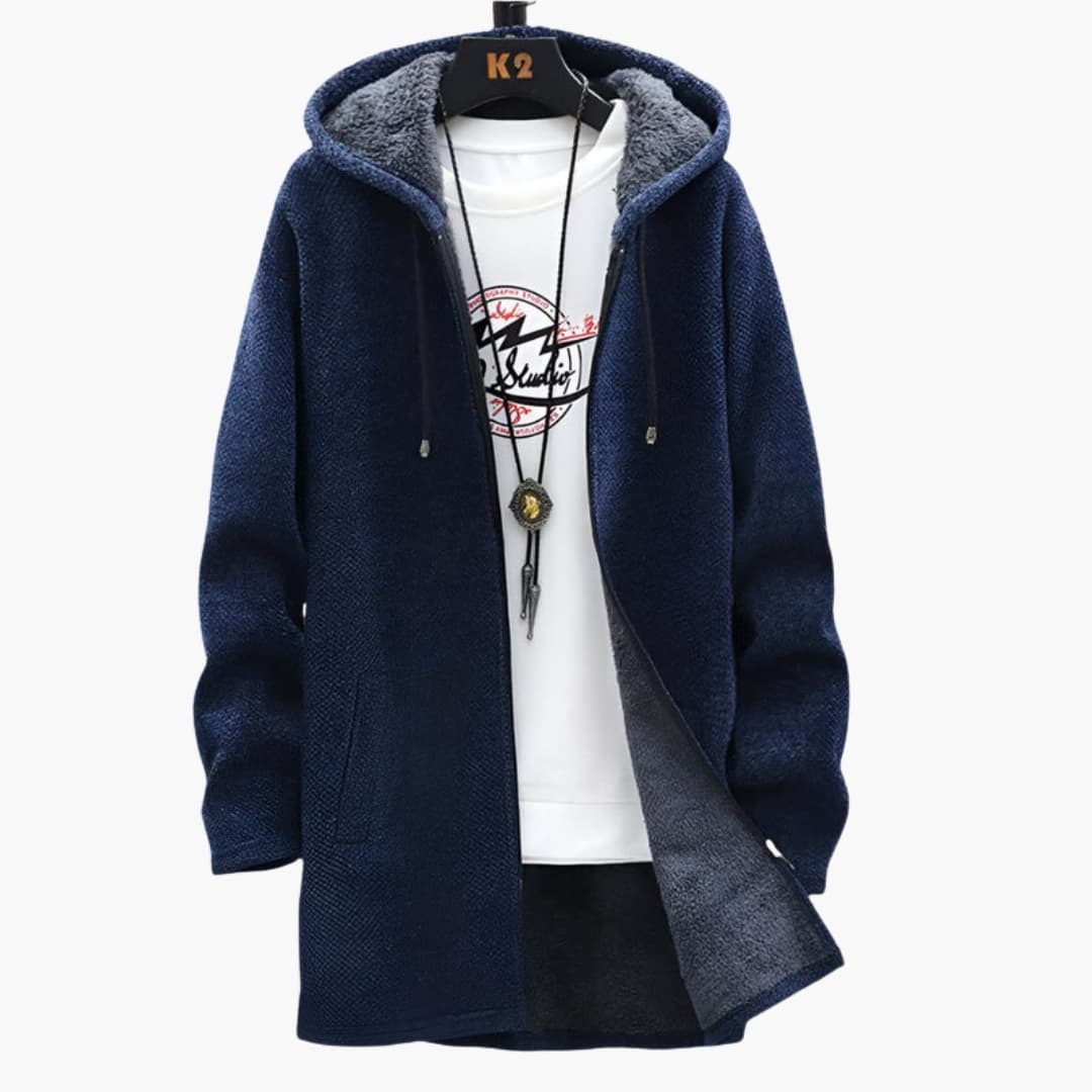 Men's hooded fleece jacket with front zipper, textured relaxed fit for outdoor layering