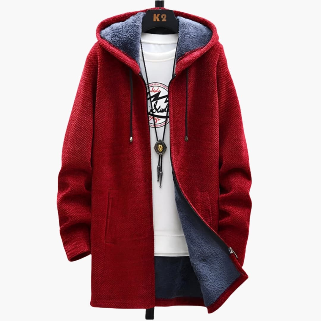 Men's hooded fleece jacket with front zipper, textured relaxed fit for outdoor layering