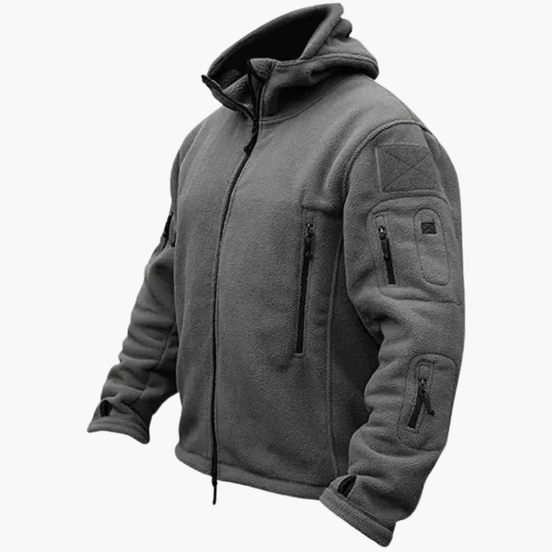 Men's dark tactical fleece jacket with hood, adjustable cuffs, and zippered pockets for outdoor use