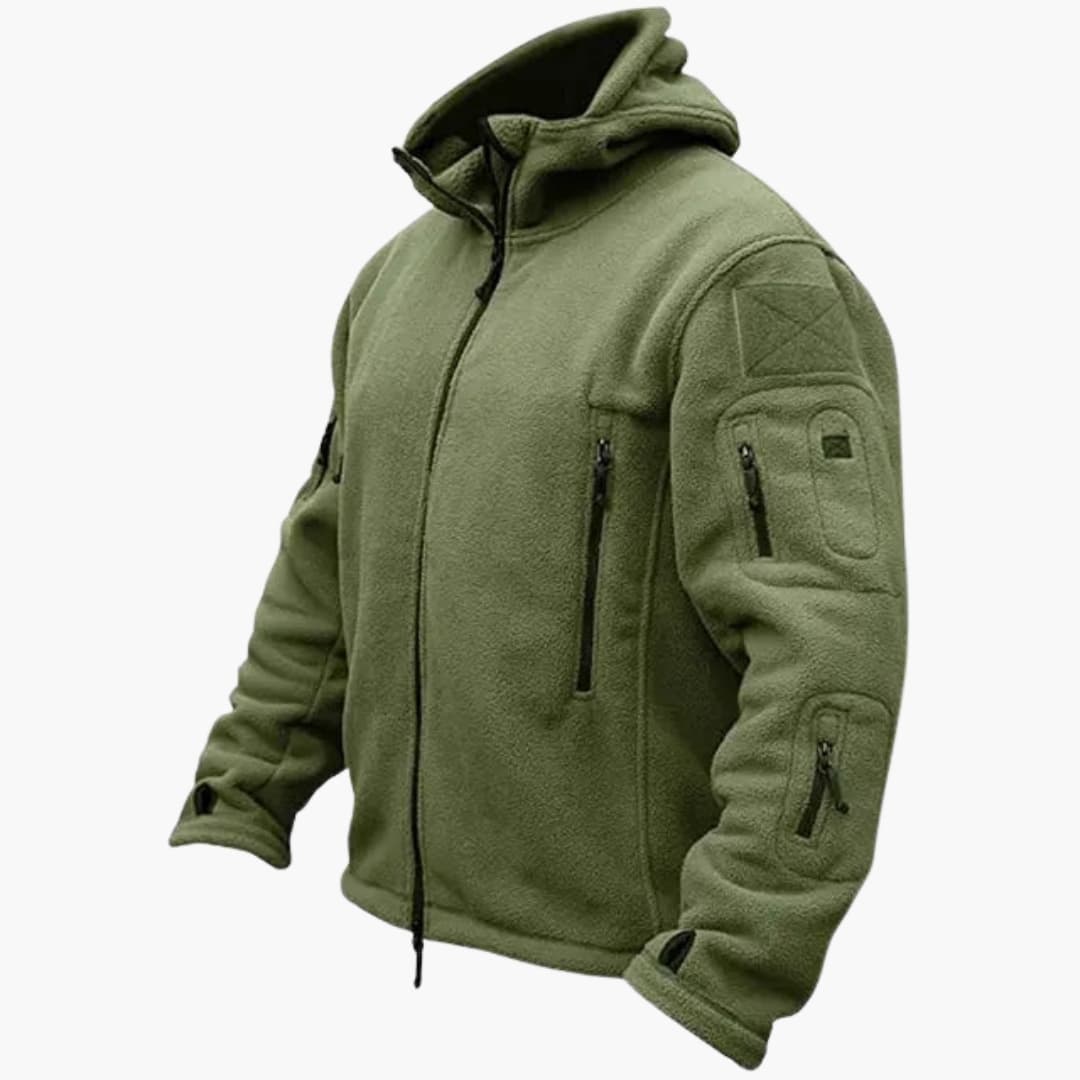 Men's gray tactical fleece hoodie jacket with adjustable cuffs and zippered pockets for outdoor use