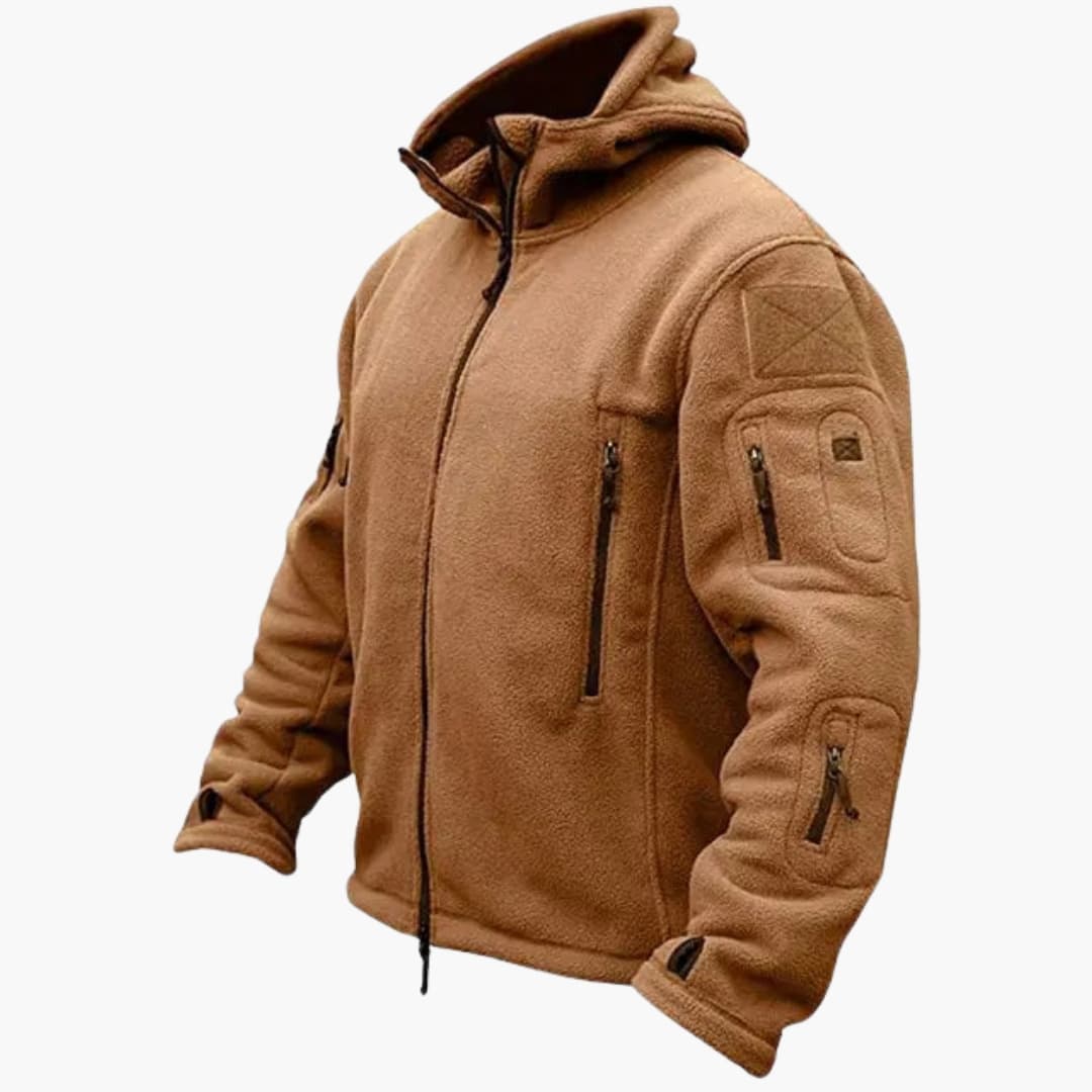 Men's gray tactical fleece hoodie jacket with full-zip closure and adjustable cuffed sleeves
