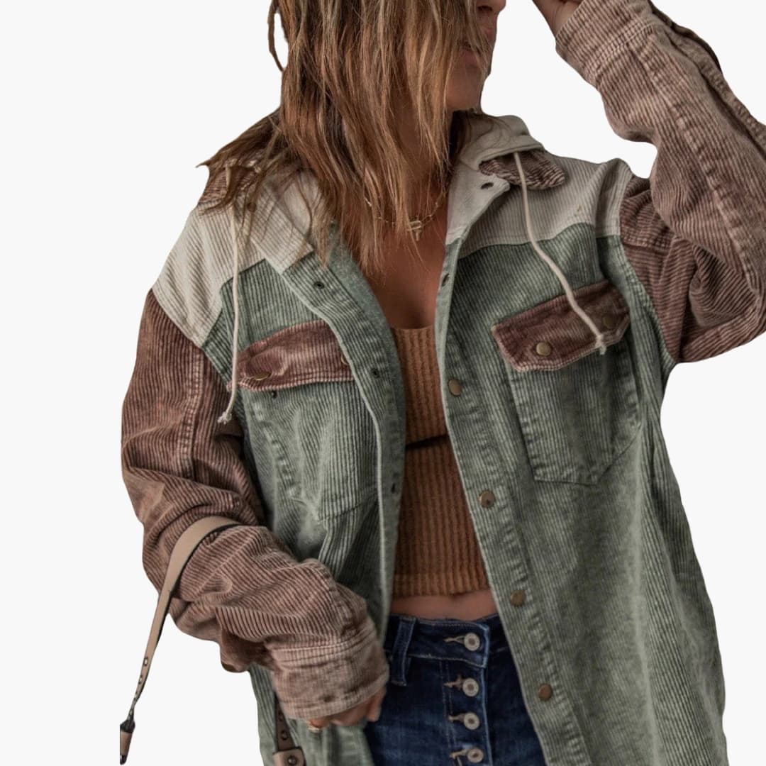 Women's retro ribbed color block hooded jacket with button front, cozy fit, and side pockets