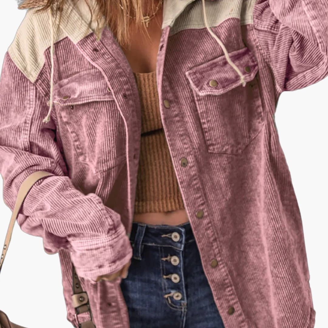 Women's retro ribbed color block hooded jacket with button front, cozy fit, and side pockets