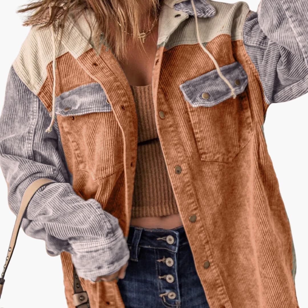 Women's retro ribbed color block hooded jacket with button front, cozy fit, and side pockets