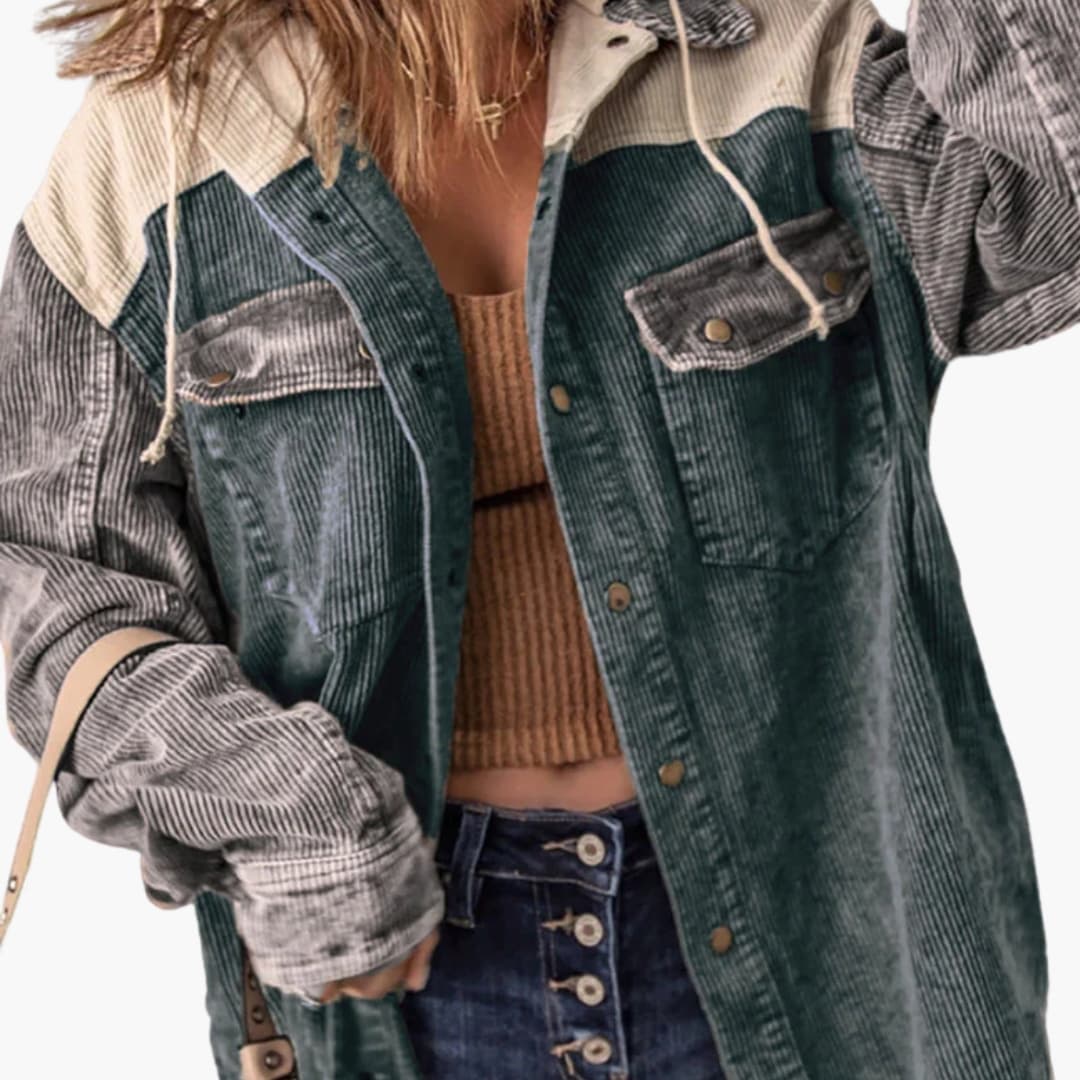 Women's retro ribbed color block hooded jacket with button front, cozy fit, and side pockets