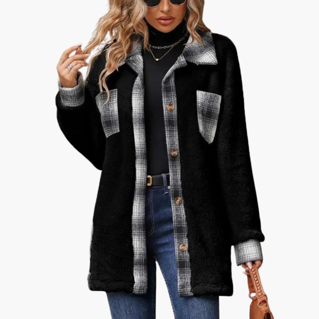 Women's polar fleece overshirt jacket beige checkered collar button closure cozy lightweight layer