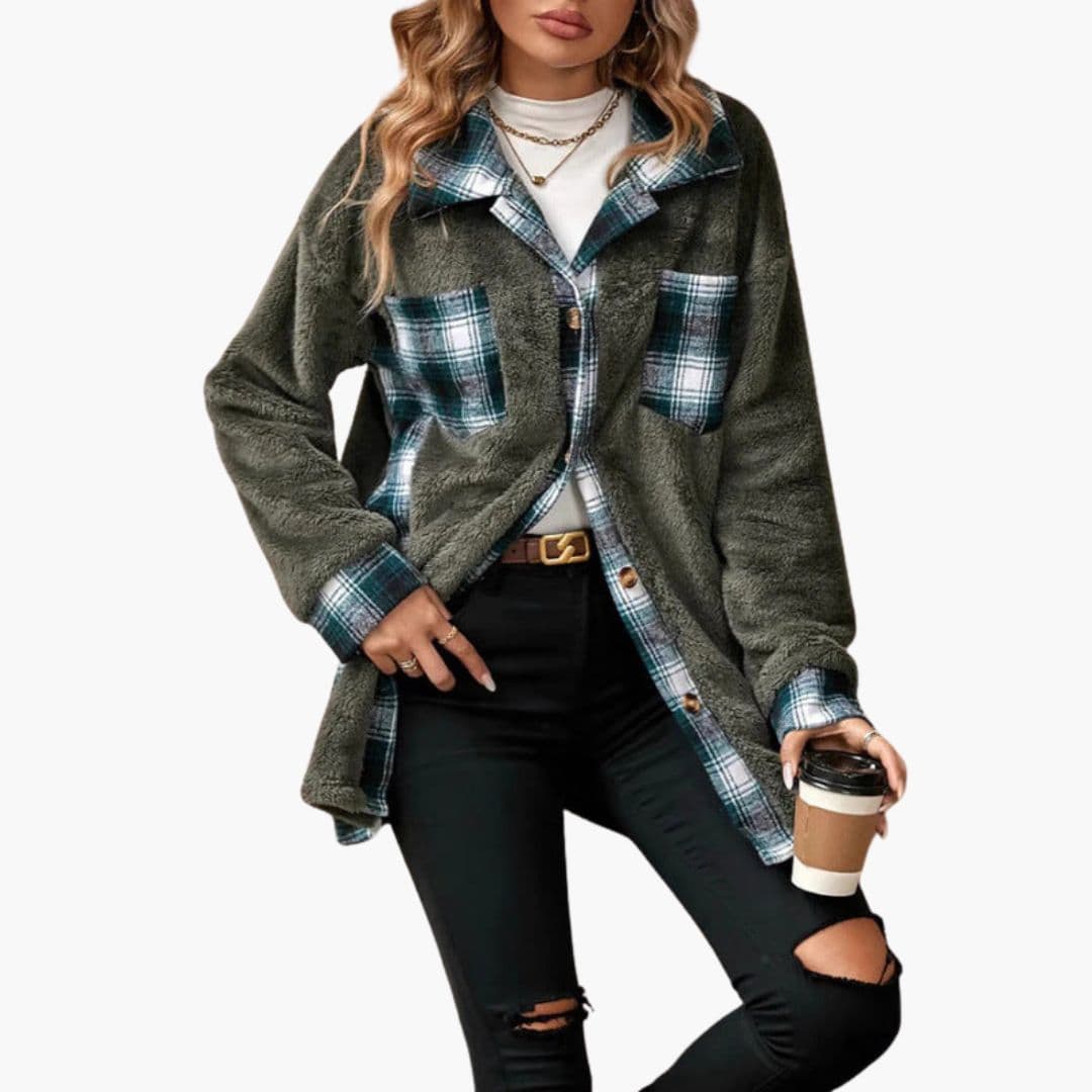 Women's polar fleece overshirt jacket with button closure and checkered collar detail in cozy fit