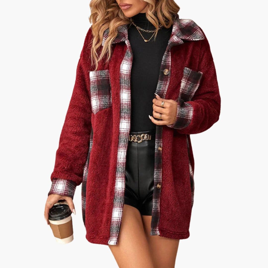Women's polar fleece overshirt jacket with button closure and checkered collar detail in cozy fit