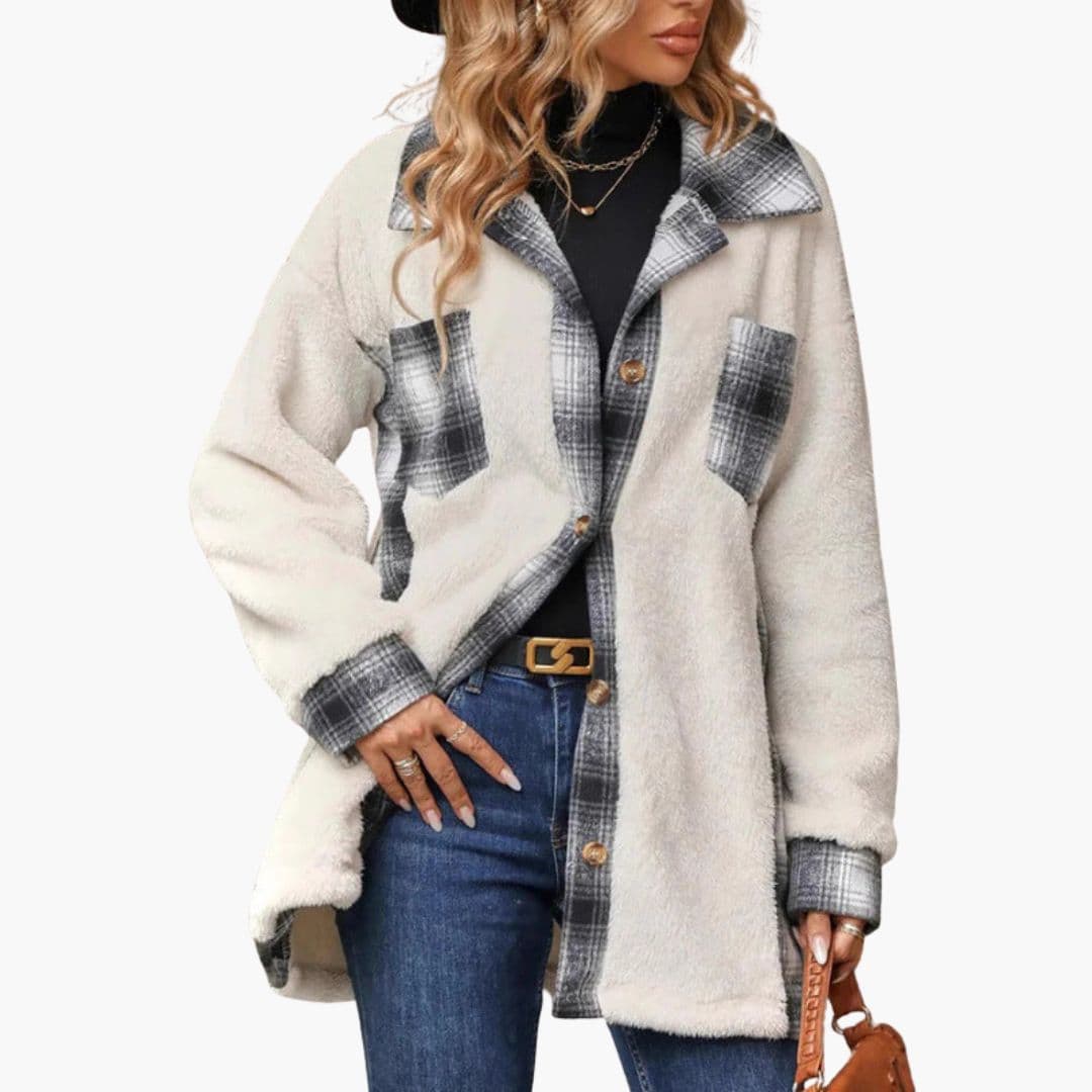 Women's polar fleece overshirt jacket beige checkered collar button closure cozy lightweight layer
