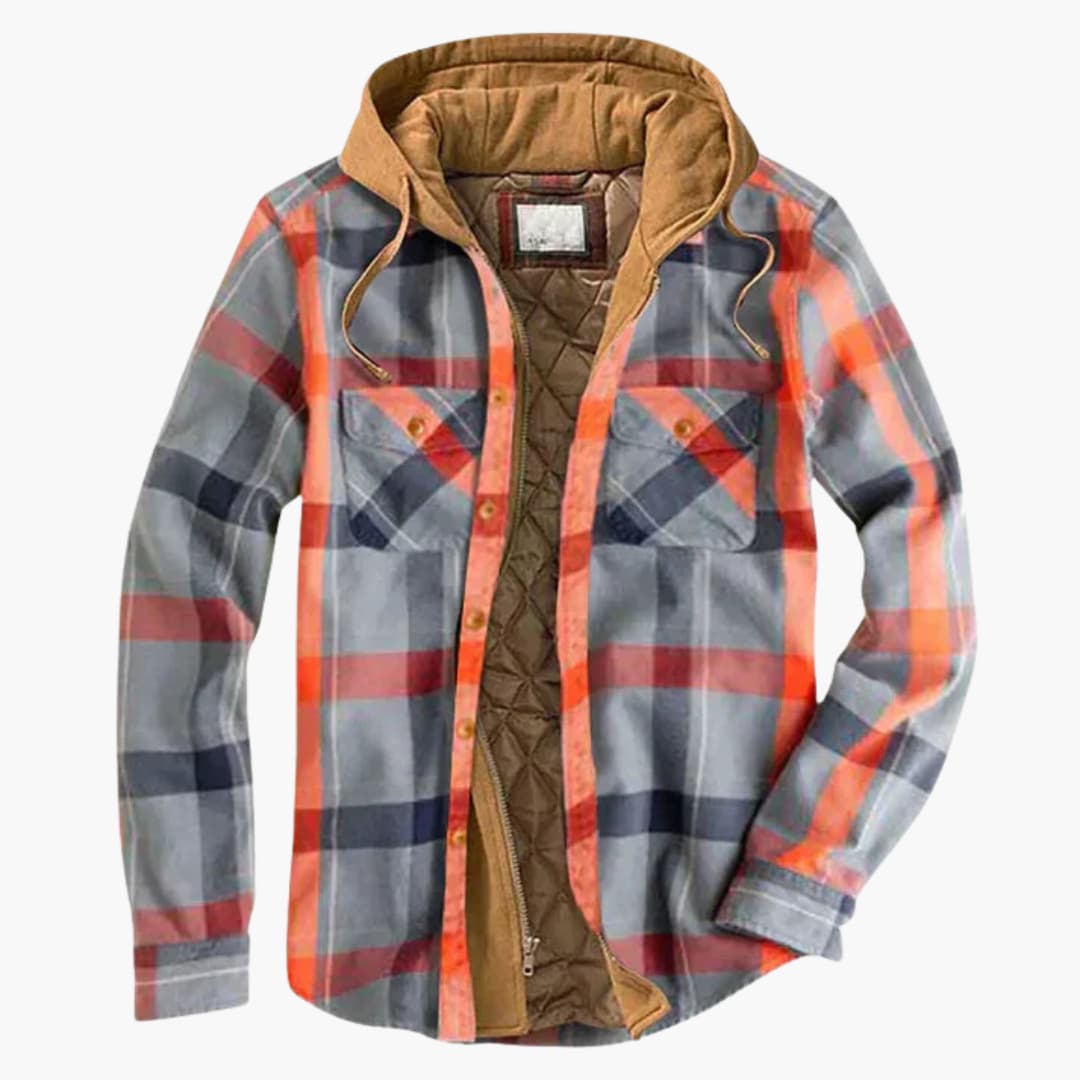 Men's plaid hooded jacket button closure chest pockets quilted lining checked pattern casual fit