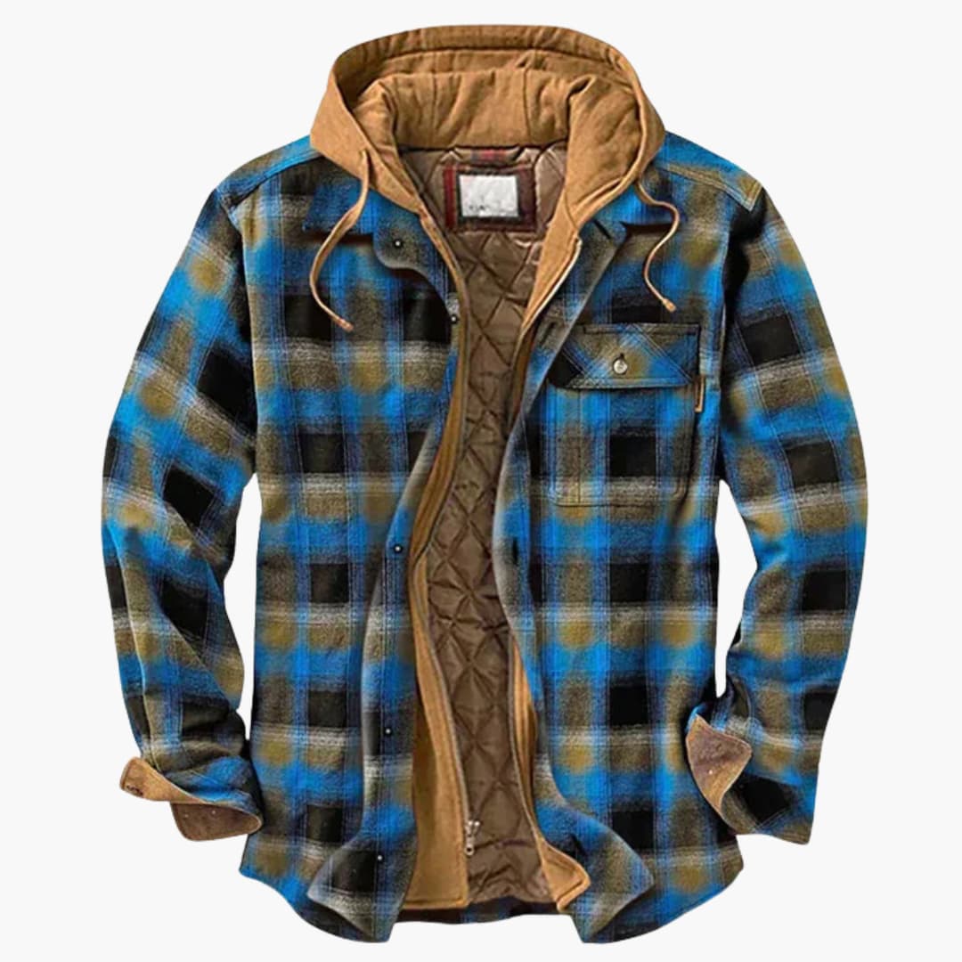 Men's plaid hooded jacket with button closure, quilted lining, and chest pockets in classic check pattern