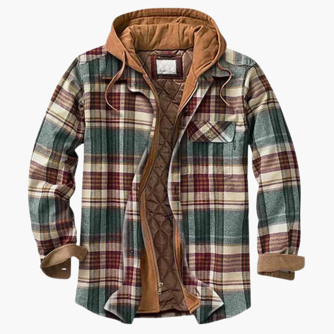 Men's plaid hooded jacket button closure chest pockets quilted lining classic checked casual outdoor