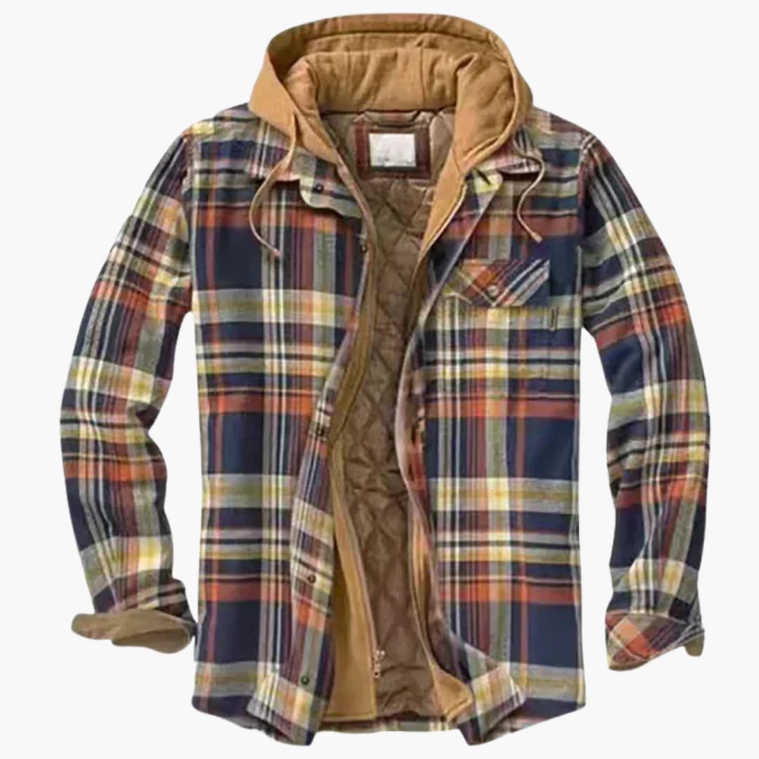 Men's plaid hooded jacket with button closure, quilted lining, and chest pockets in classic checked pattern