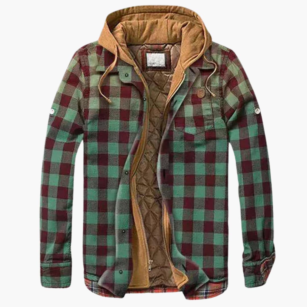 Men's plaid hooded jacket with button closure, quilted lining, and chest pockets in classic checked pattern