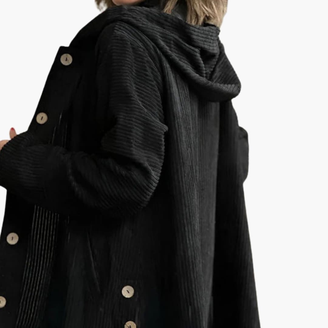 Women's premium corduroy hooded jacket with button closure, side pockets, casual everyday style
