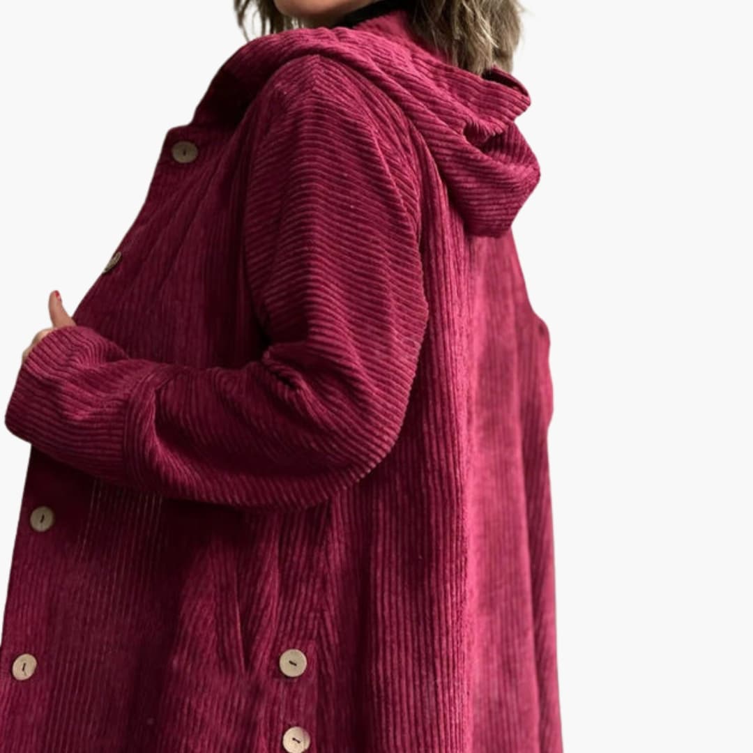 Women's premium corduroy hooded jacket with button closure, side pockets, casual everyday style