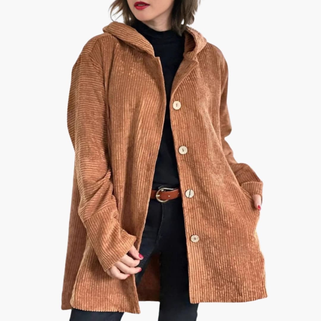 Women's premium corduroy hooded jacket with button closure, side pockets, casual everyday fit