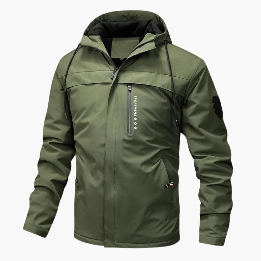 Men's hooded jacket black adjustable drawstring full-zip woven outerwear with chest and zipper pockets
