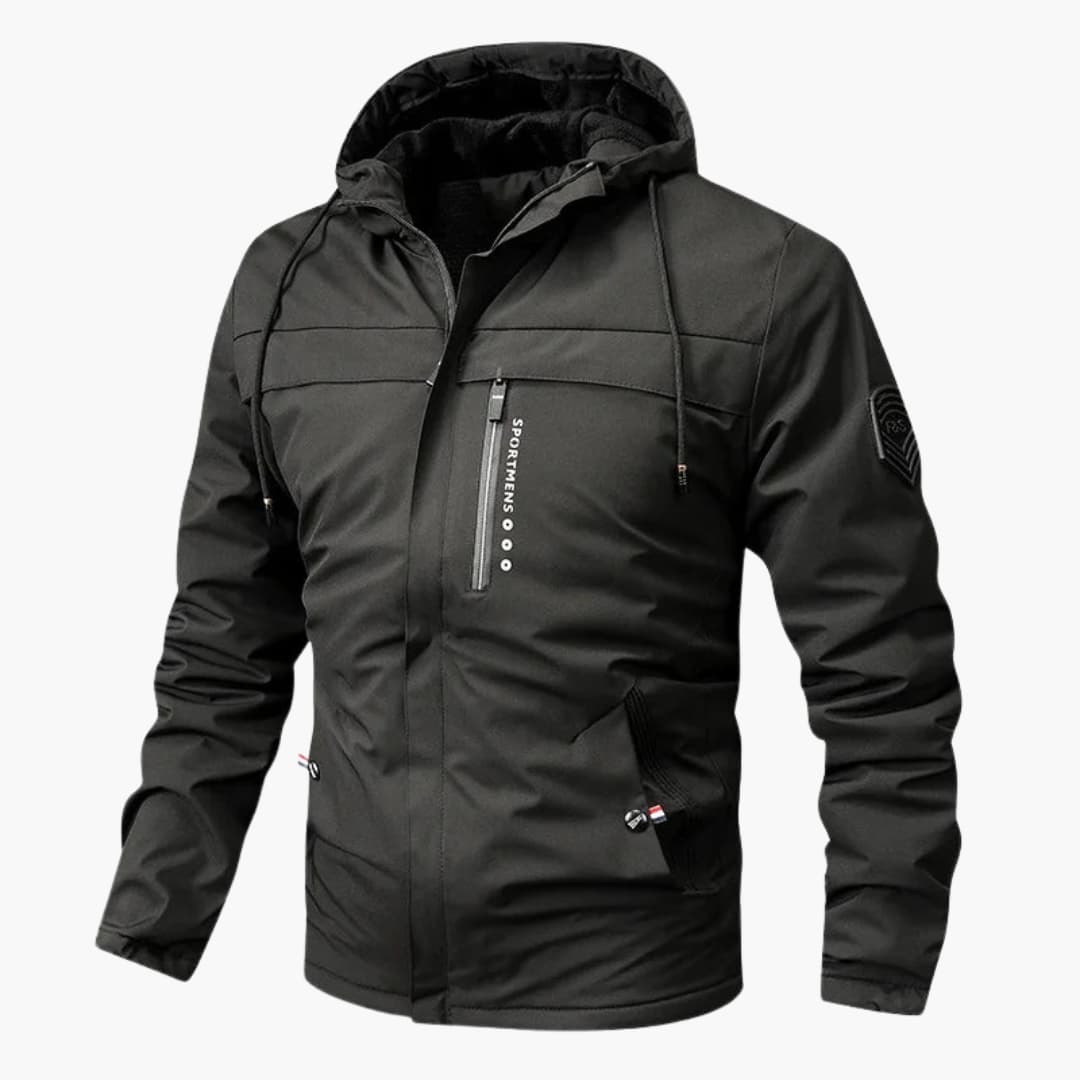 Men's hooded jacket black adjustable drawstring hood full-zip front chest pocket inner lining