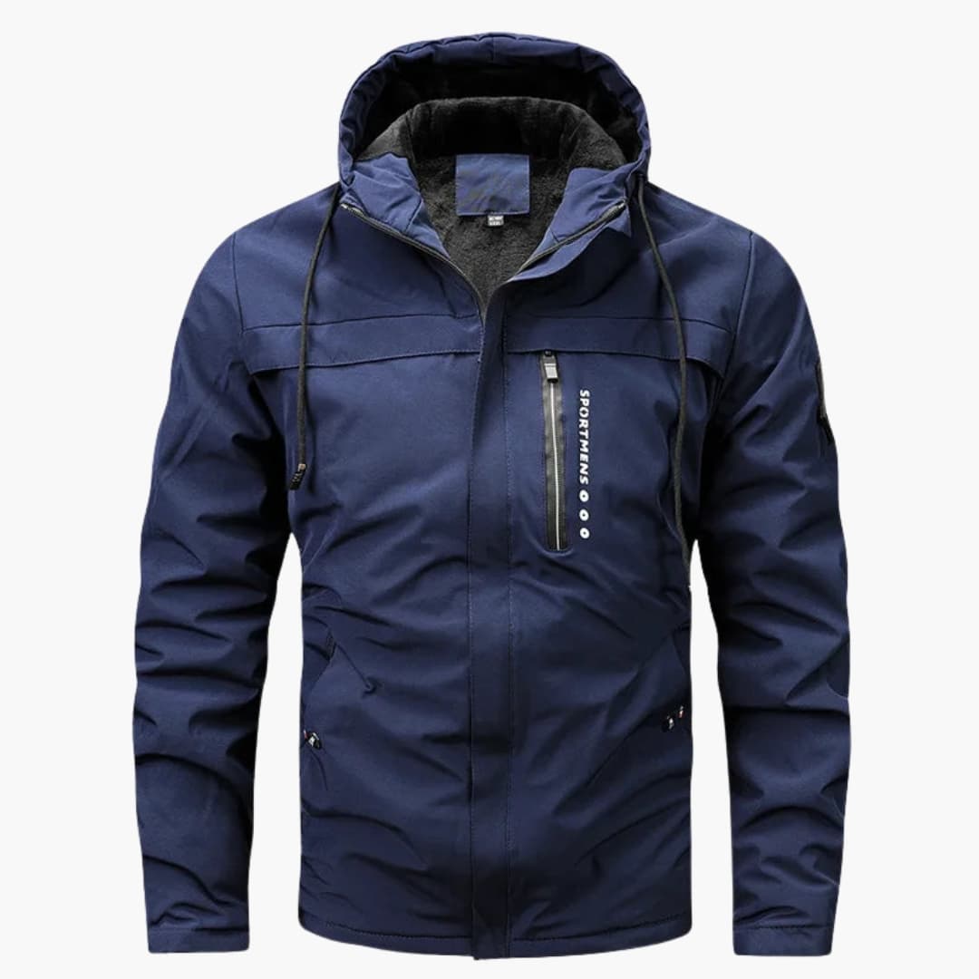 Men's hooded jacket black adjustable drawstring hood full-zip front chest pocket inner lining