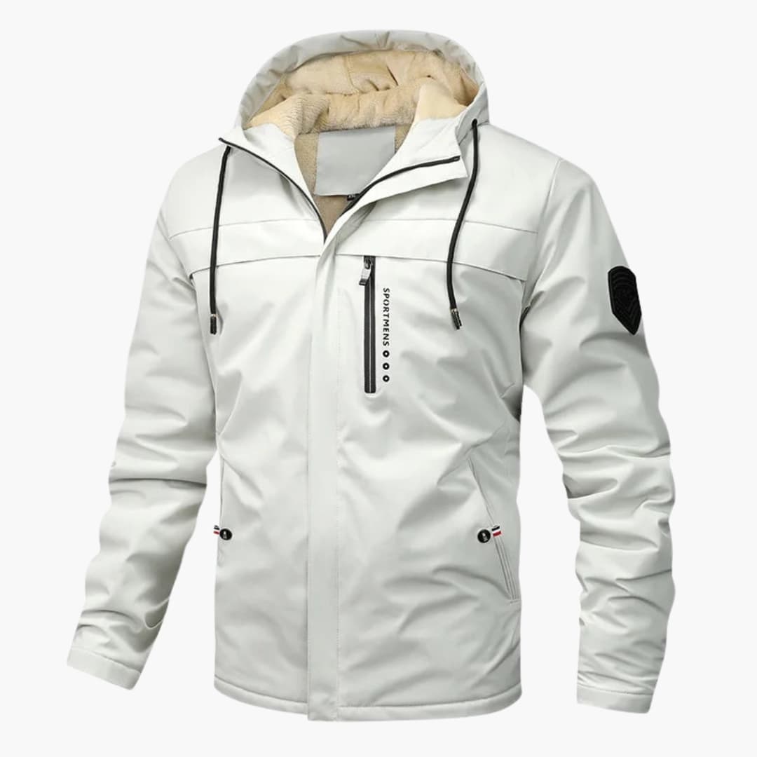 Men's hooded jacket black inner lining full-zip front adjustable drawstring hood chest pocket
