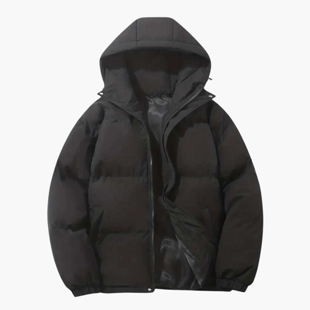 Men's black insulated hooded jacket thermal front zip adjustable drawstring hood welt pockets