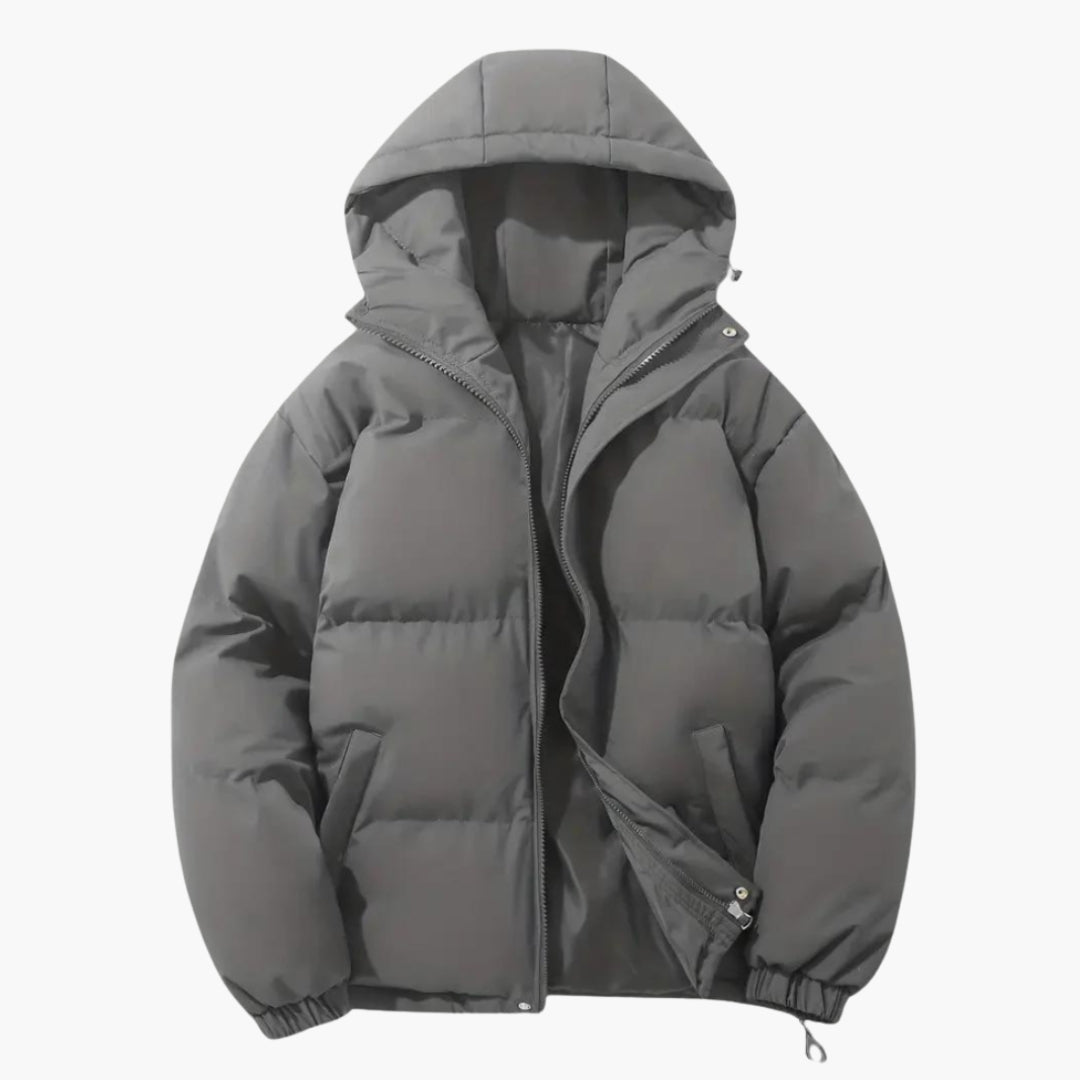 Men's black insulated hooded jacket thermal front zip adjustable drawstring hood welt pockets