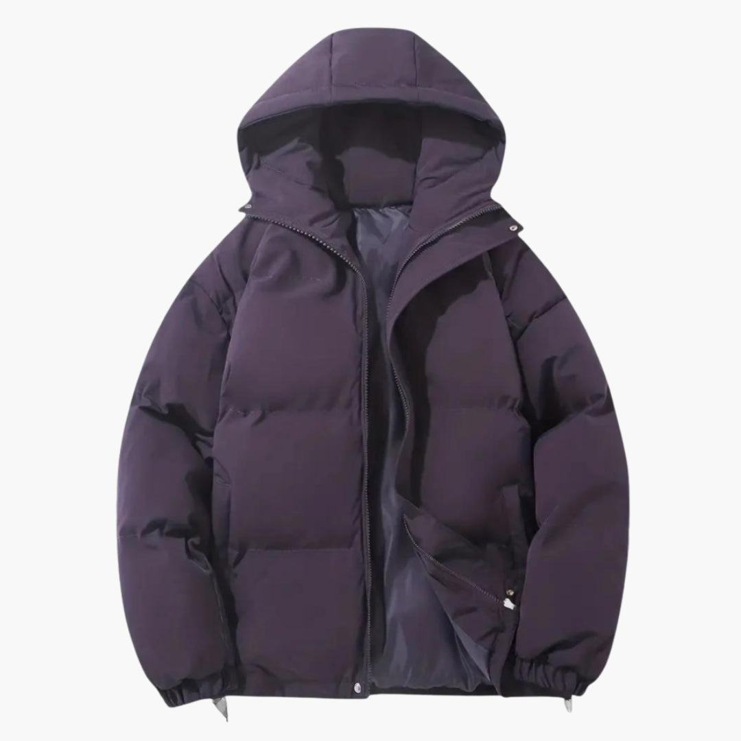 Men's black insulated hooded jacket with front zip, adjustable drawstring hood, and two welt pockets