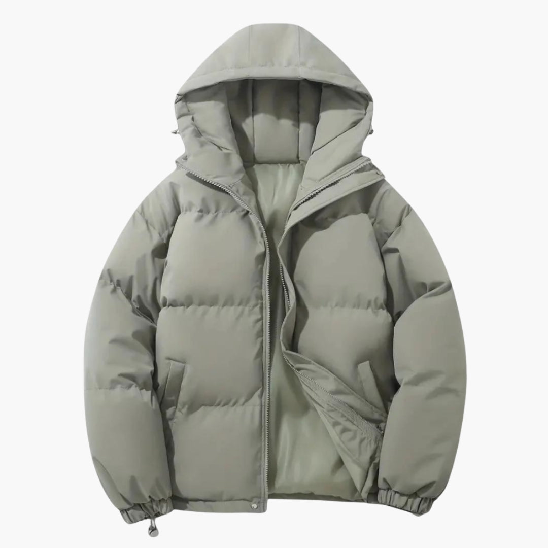 Men's black insulated hooded jacket with front zip closure, adjustable drawstring hood, and welt pockets
