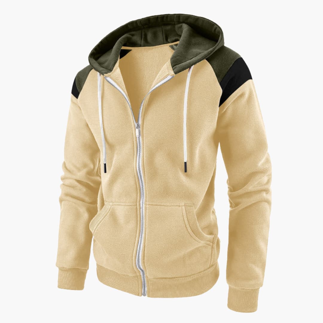 Men's zip-up hoodie jacket with full-length zipper, front pockets, and streamlined casual fit
