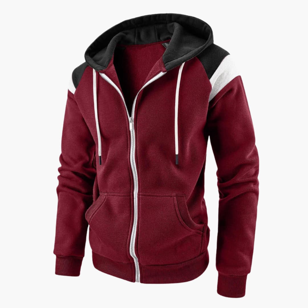 Men's zip-up hoodie jacket with full-length zipper, front pockets, and adjustable hood for layering