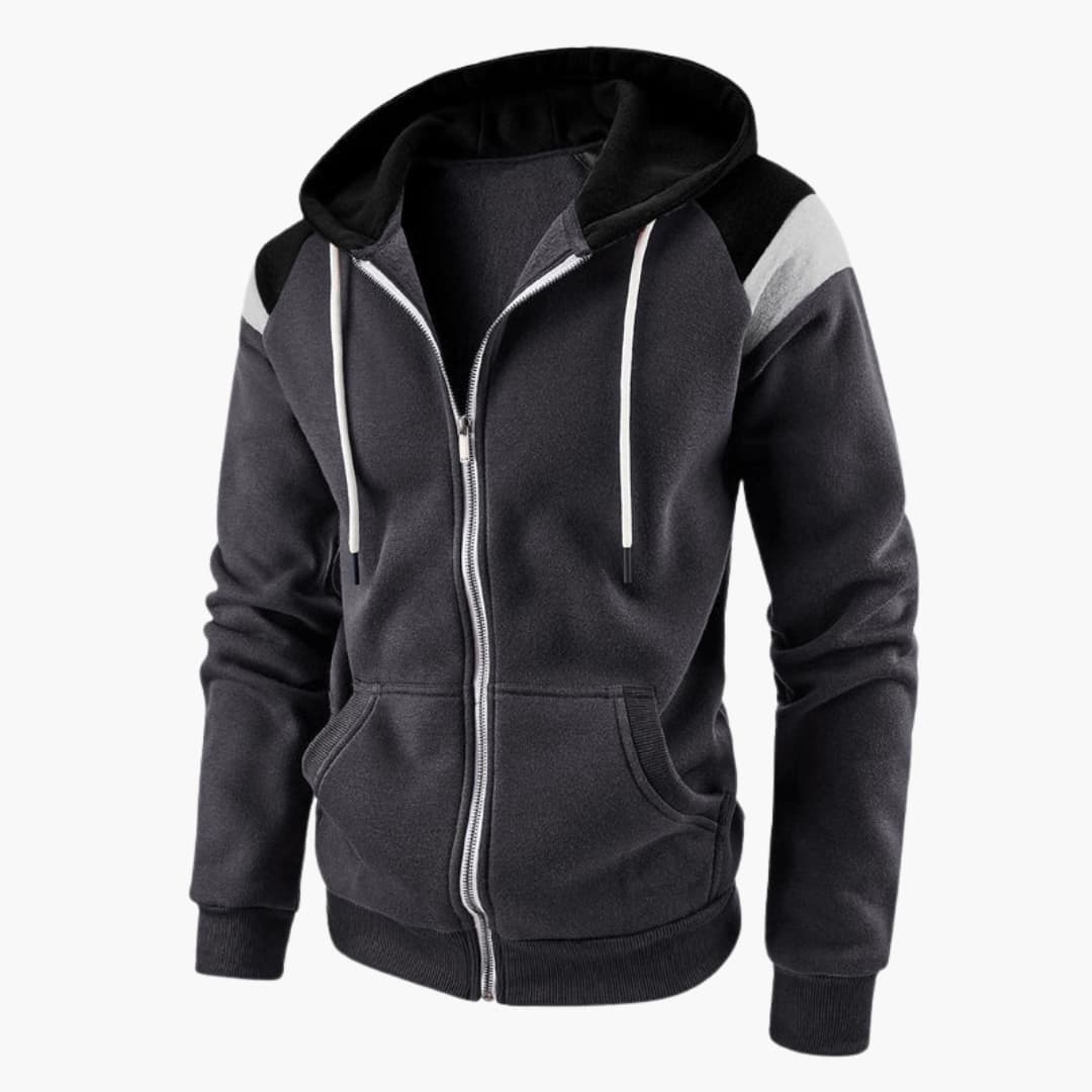 Men's zip-up hoodie jacket with front pockets, streamlined silhouette, and full-length zipper closure