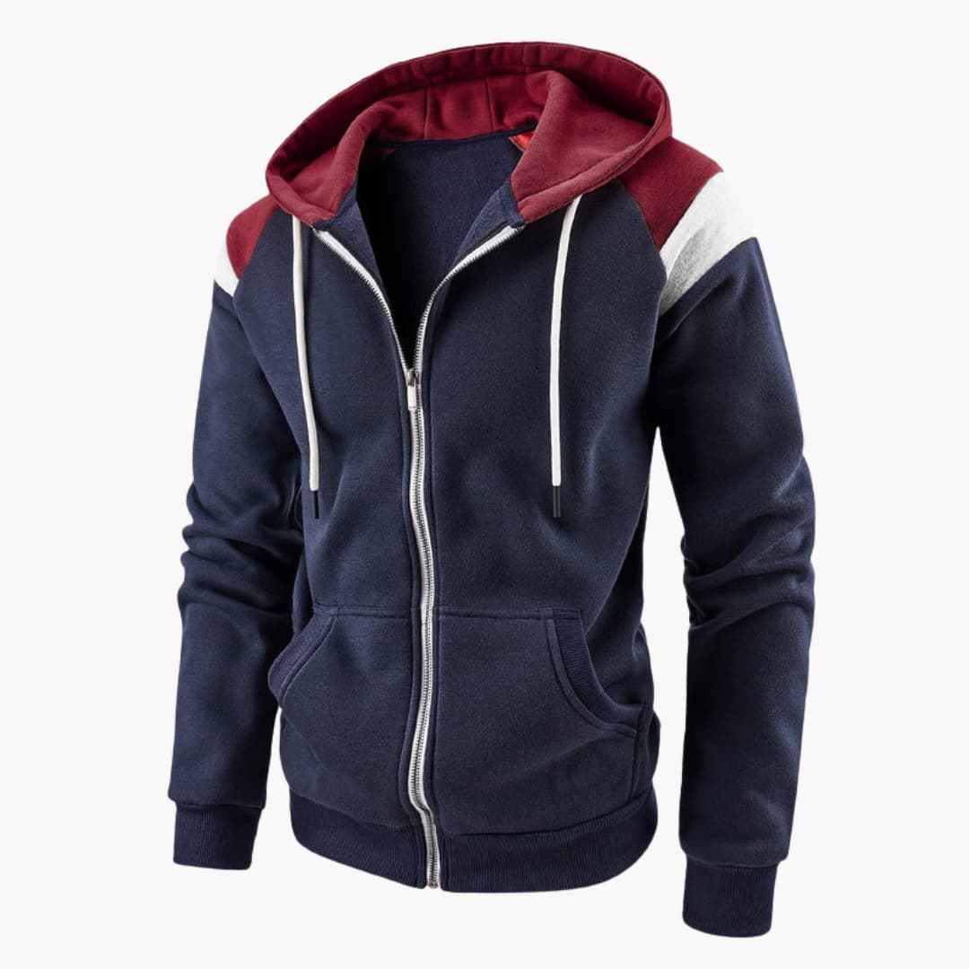 Men's zip-up hoodie jacket with full-length zipper, front pockets, and adjustable hood for layering