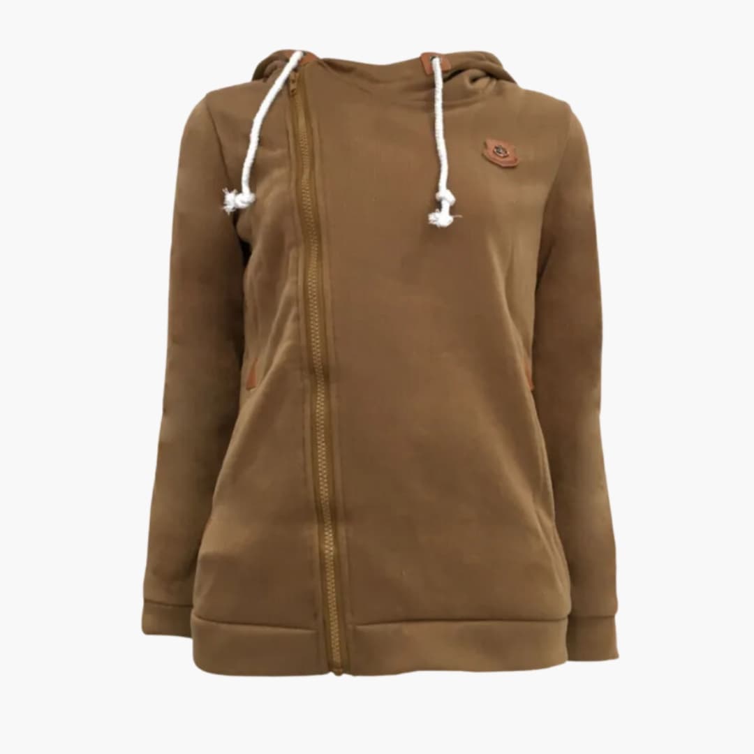 Women's asymmetrical zip hooded jacket with large adjustable hood and ribbed hem in versatile chic style