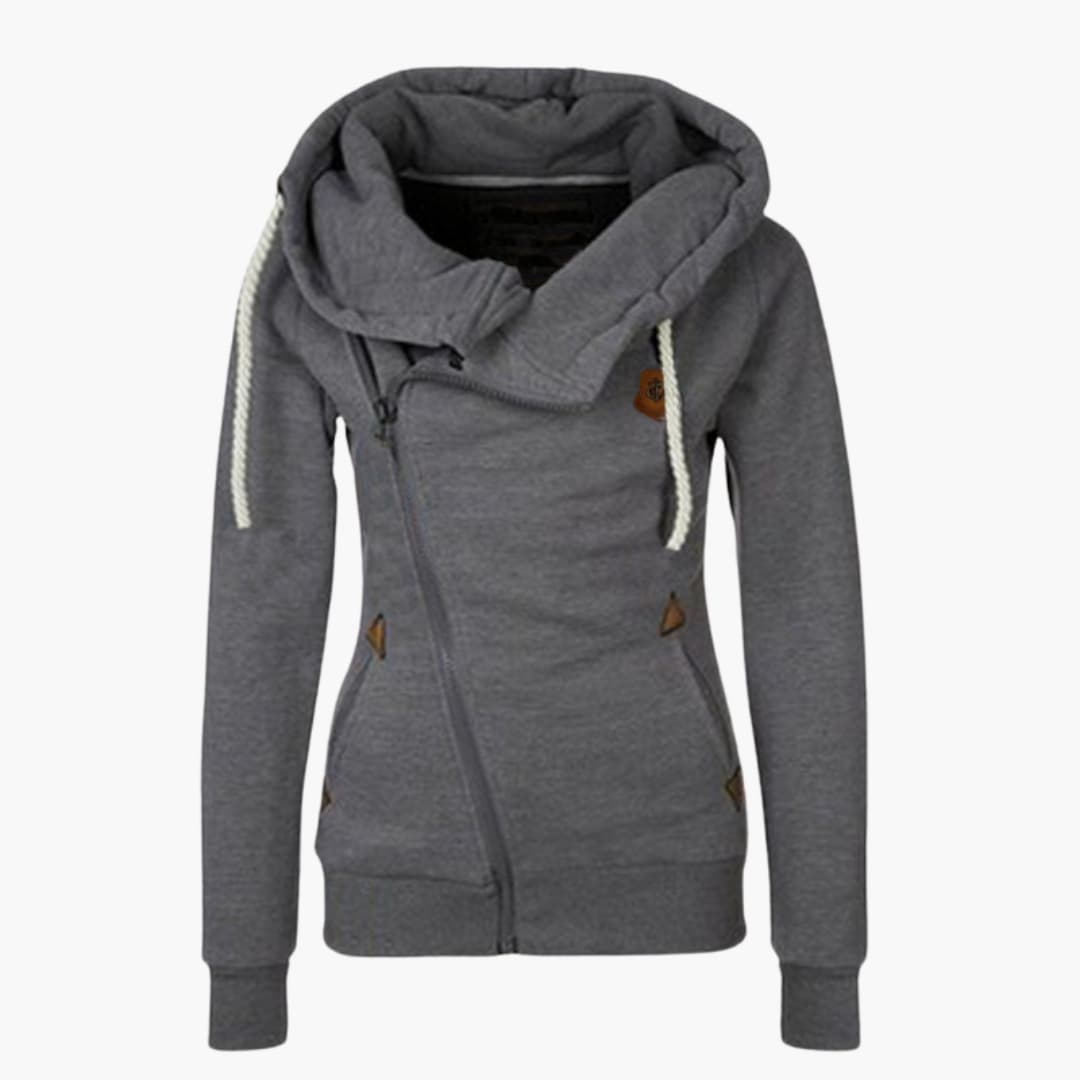Women's asymmetrical zip hooded jacket with large adjustable hood and ribbed hem in versatile chic style