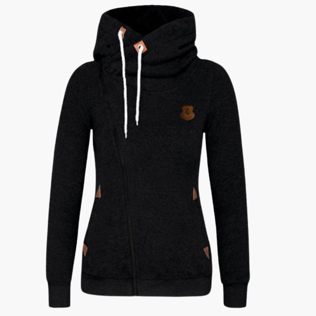 Women's asymmetrical zip hooded jacket with large adjustable hood and ribbed hem, streamlined silhouette