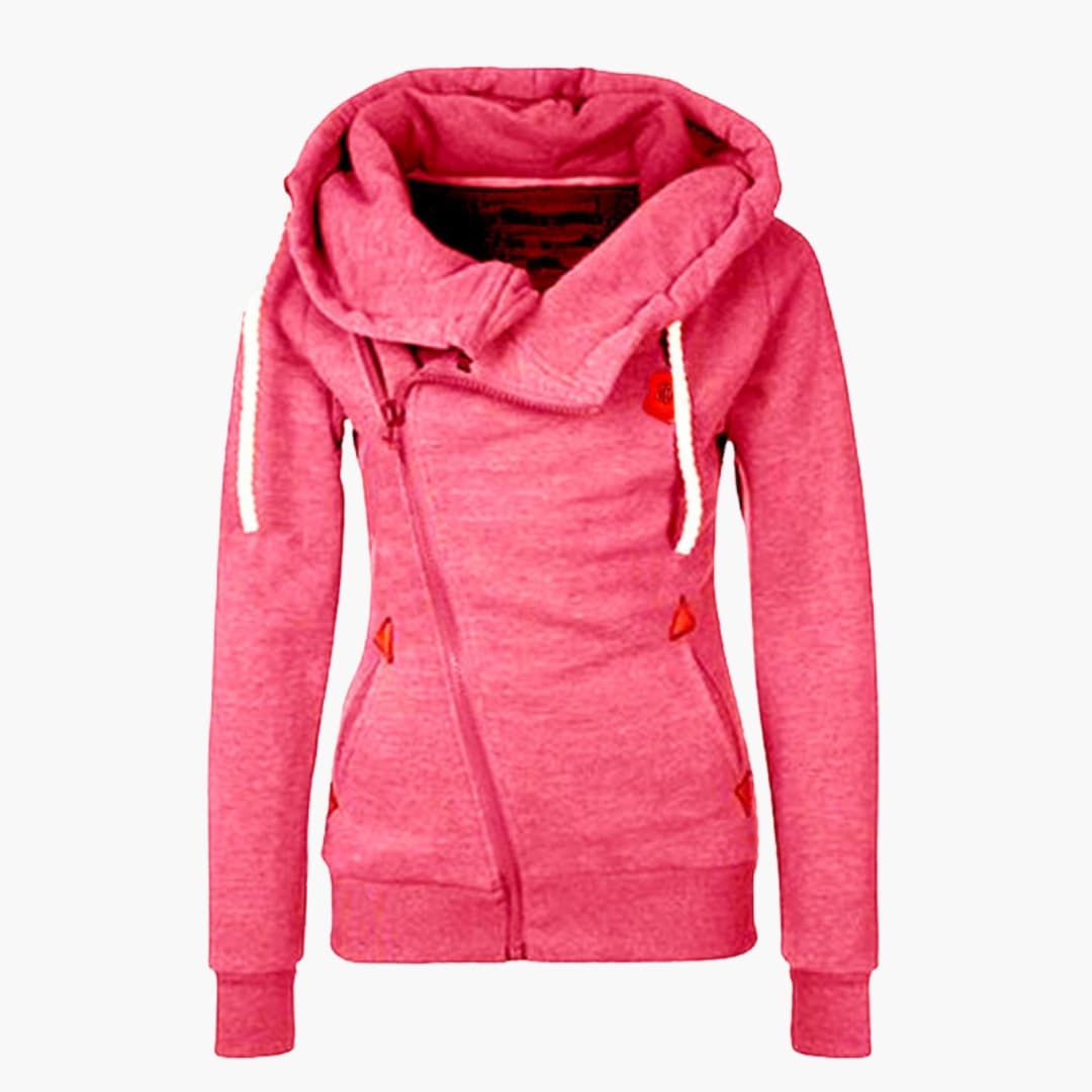 Women's asymmetrical zip hooded jacket with large adjustable hood and ribbed hem, sleek modern silhouette