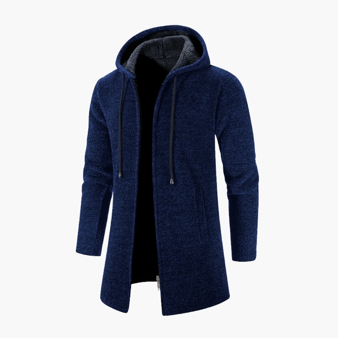Men's hooded zip-up jacket with adjustable drawstring hood, long sleeves, and side pockets