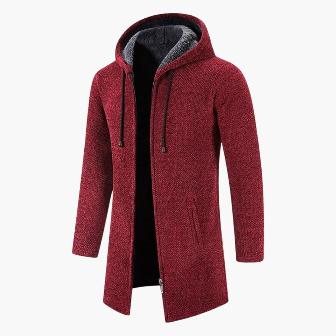 Men's hooded zip-up jacket with adjustable drawstring hood, long sleeves, and side pockets