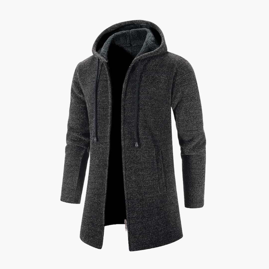 Men's hooded zip-up jacket with adjustable drawstring hood, long sleeves, and side pockets