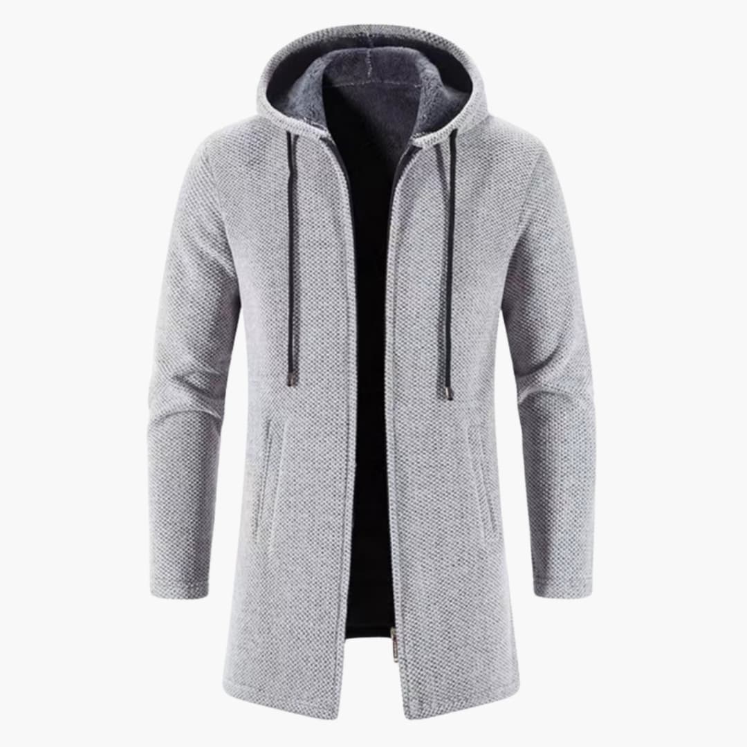 Men's hooded zip-up jacket with adjustable drawstring hood, long sleeves, and side pockets